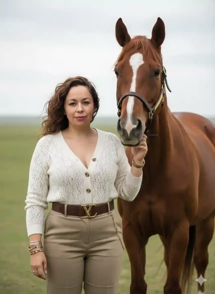 Retrato de mujer posando con un caballo en exterior